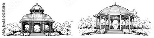 Foto Park pavilion and rotunda garden structure collection in traditional sketch styl