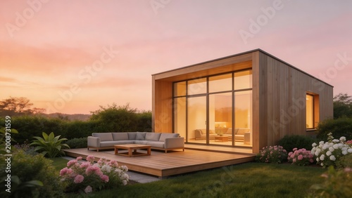 Modern wooden house with outdoor seating