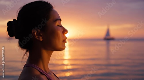 Woman meditating by the sea at sunset