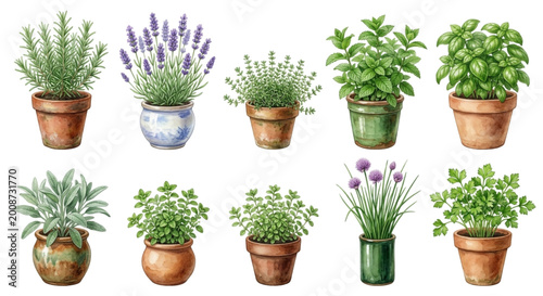 Watercolor Potted Herb and Floral Icon Collection