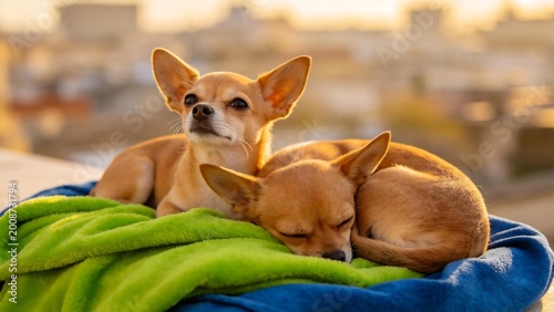 Two Chihuahuas Resting on Blanket