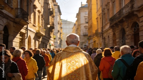 Crowd walking with priest in street