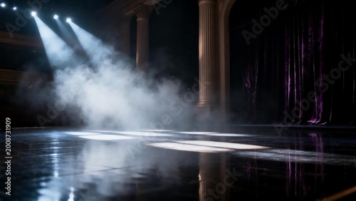 Stage with spotlights and smoke