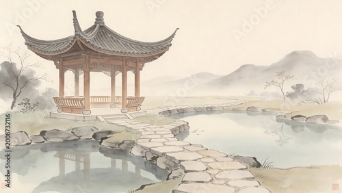 Traditional pavilion by serene pond