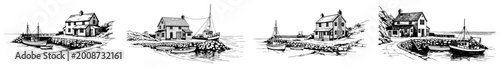 Photos Coastal cottage and fishing village harbor scene set in vintage sketch style
