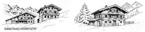 Bild auf Leinwand Alpine chalets in snowy mountain landscape in vintage engraving style