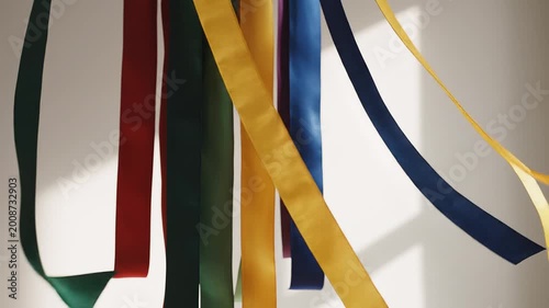 Colorful ribbons hanging, sunlight, shadows