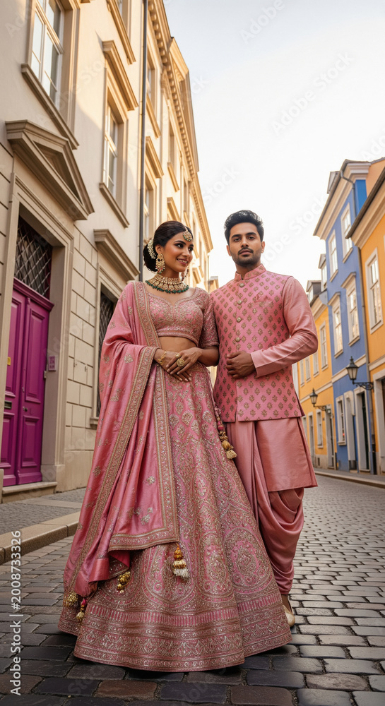 Obraz premium young indian couple wearing traditional cloths standing together at city street