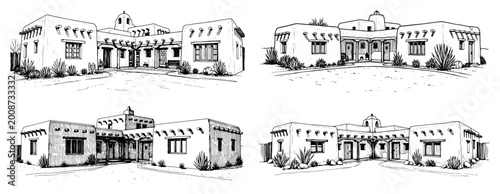 Fotografie Adobe style southwestern house architecture set in black and white sketch style