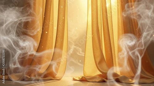 Golden Curtains with Light and Smoke Effects Reveal a Stunning Scene