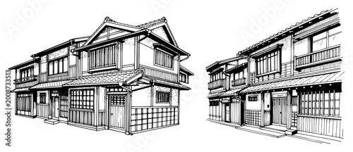 Photography Classic Japanese machiya buildings and traditional street scene in vintage sketc