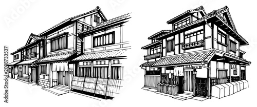 Tableau sur toile Traditional Japanese house and machiya street architecture in vintage sketch sty
