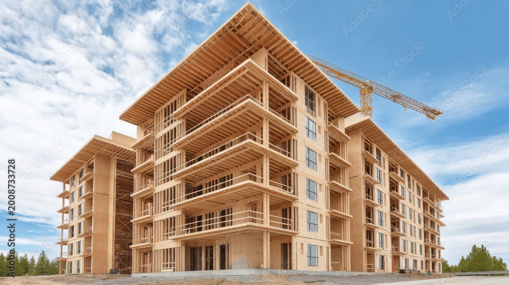 Fototapeta premium Modern Timber Framed Apartment Building Under Construction with Crane and Blue Sky