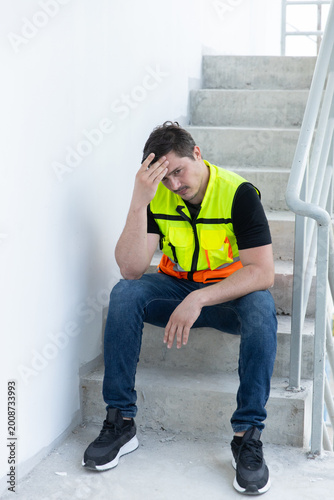 Exhausted and stressed male worker sitting heavily on concrete stair wearing yellow safety vest at local construction site expressing feelings of deep frustration and being completely tired