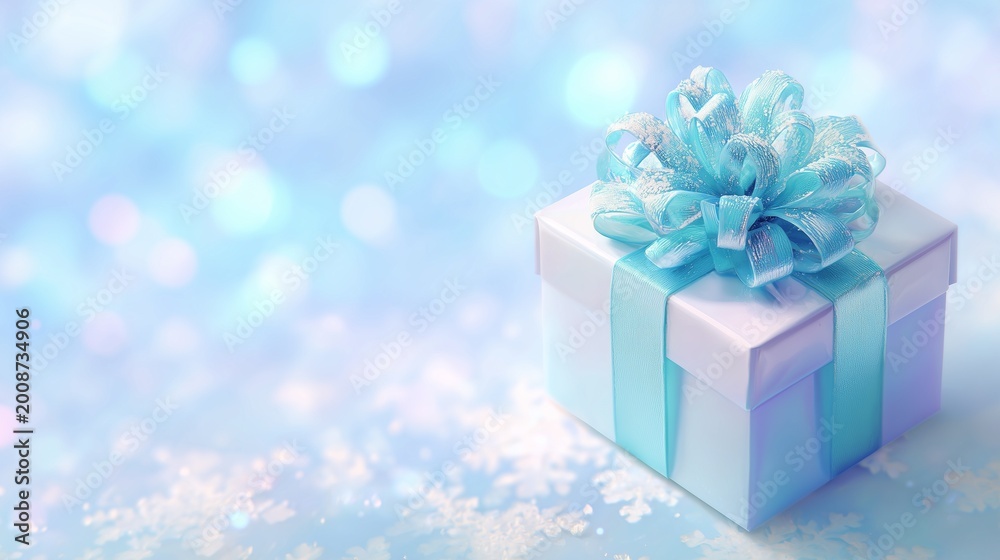 Fototapeta premium White Gift Box With Blue Bow Elegant Festive Celebration Presentation Winter Holiday Season Concept