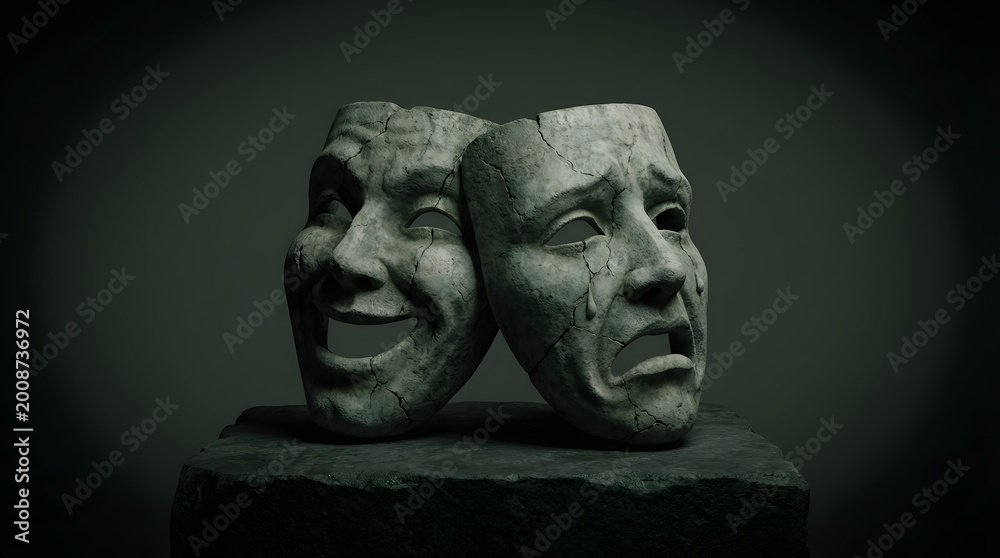 Obraz premium Two contrasting cracked stone theatrical masks representing comedy and tragedy placed together to symbolize the duality of human emotional states