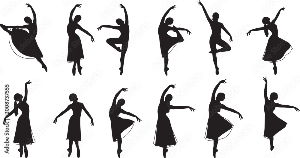 Fototapeta premium Black silhouette of people performing various activities and poses black silhouettes exercise