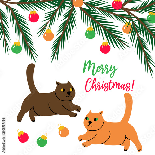 Vector Christmas illustration with funny cats under the Christmas tree playing with Christmas balls
