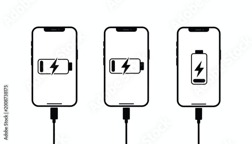 Charging Phone Vector Icons Set, Smartphone Battery Charging with USB Cable, Mobile Device Power Connection Symbols, Technology Energy Concept Illustration on Isolated Background