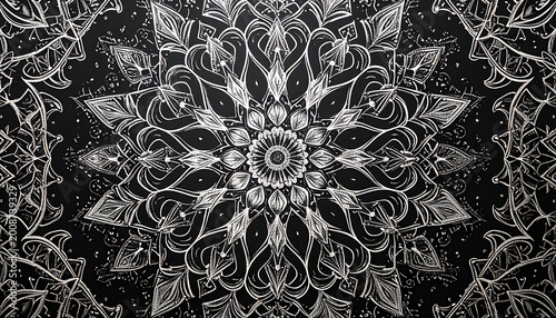 Intricate white mandala pattern on a black textured background, detailed geometric floral design, symmetrical spiritual or decorative element