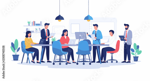 Diverse professionals collaborating around a table, engaged in work and discussion