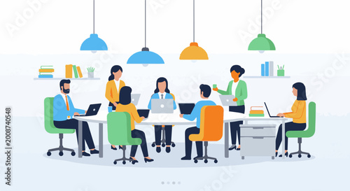 Diverse professionals collaborating around a table with laptops and documents