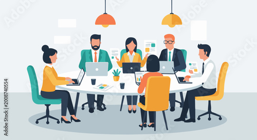 Diverse professionals collaborating around an oval table, engaged in work with laptops and documents