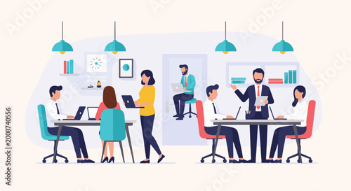 Diverse professionals collaborating around tables and working on laptops in a modern office