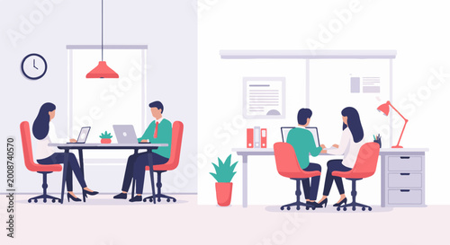 Diverse professionals collaborating at modern workstations, immersed in productive tasks