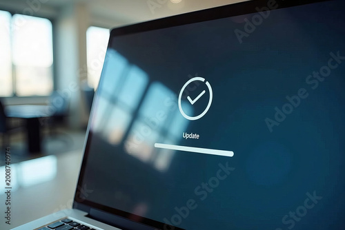 A laptop screen with a progress bar for a software update in a modern office setting.