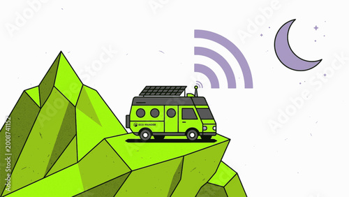 Descriptive: Modern Solar Powered Off-Grid Camper Van on Cyber Lime Mountain, 