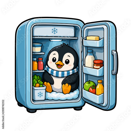 Cute penguin inside a colorful fridge with food and drinks, on a transparent background,