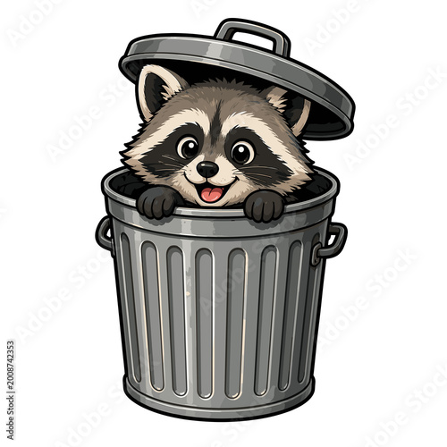 Cute raccoon peeking from trash can with a happy expression, on a transparent background