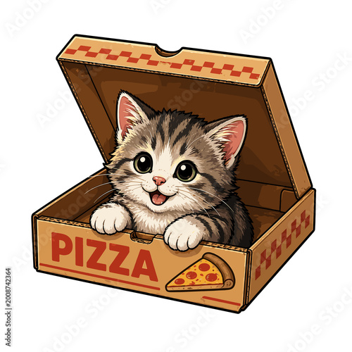 Cute kitten in a pizza box smiling and playing, illustration style, colorful, pets, cartoon