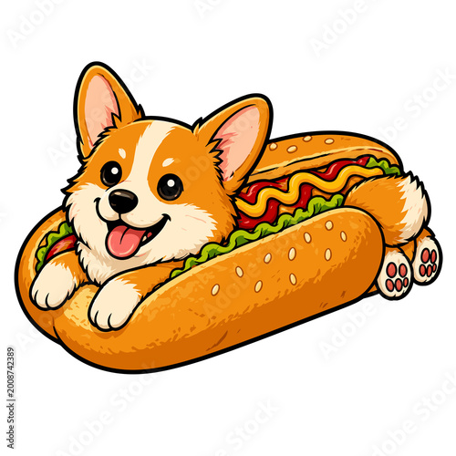 Cute corgi dog lying in a hot dog bun with a playful expression, on a transparent background