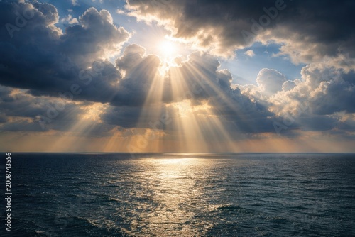 Sun rays breaking through dramatic clouds over calm ocean horizon creating golden light reflection