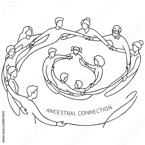 Quadro su tela Diverse family members join hands in a continuous spiral line art illustration r