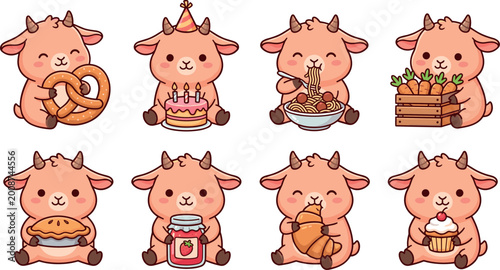 Foto Cute goat character set eating cake ramen carrot pretzel pie jam croissant cupcake for bakery cafe kids menu food snack vector illustration collection nursery school design