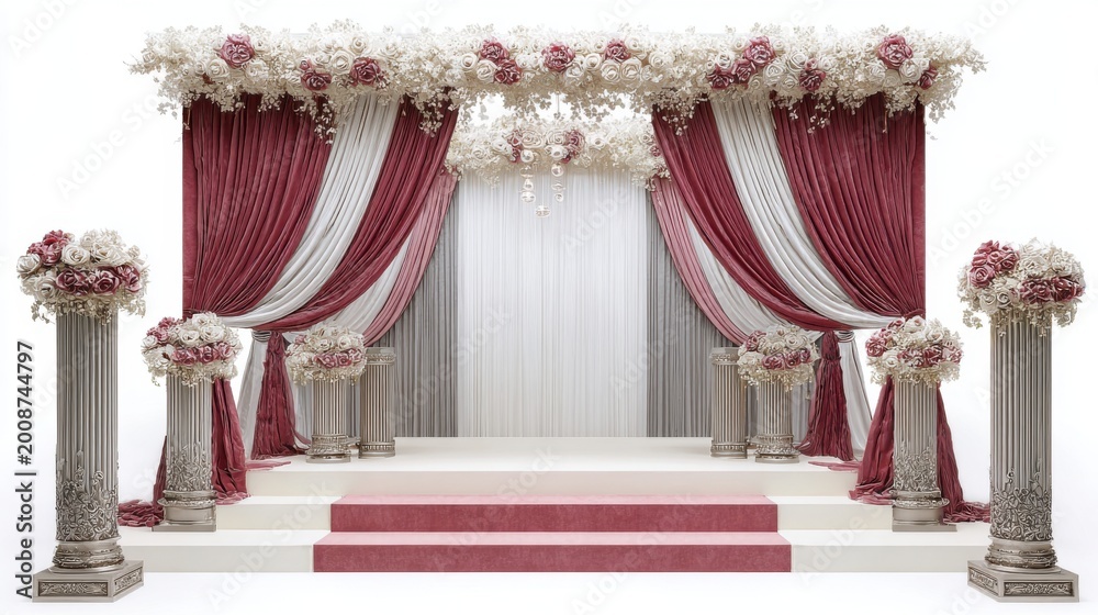 Fototapeta premium Elegant Wedding Altar Arch Decorated with Red and White Drapes, Flowers, and Columns