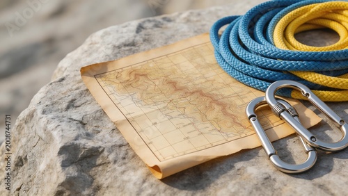 Map climbing rope carabiners on rock
