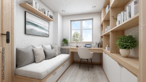 Cozy home office with built-in window bench and extensive shelving for books and supplies
