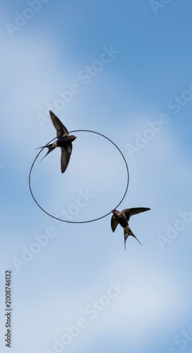 Two Swallows Circling in the Blue Sky