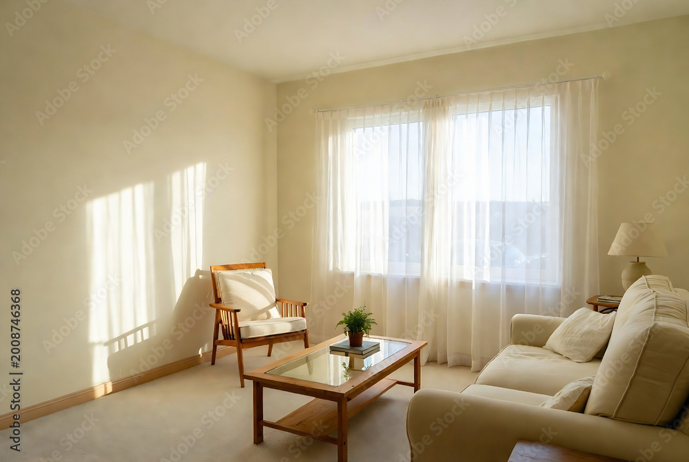 Fototapeta premium A living room with a chair, sofa, and natural light.