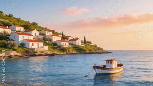 Coastal village with boat at sunset