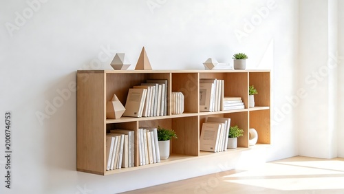 Wooden bookshelf with books plants and decor