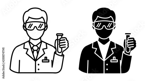 Scientist icon set with lab coat and test tube, outline and solid style, white background