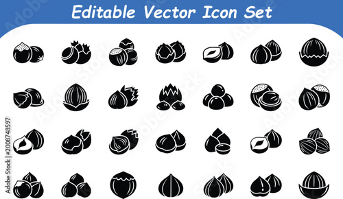 Editable vector icon set of various nuts and seeds for food and health concepts with hazelnut