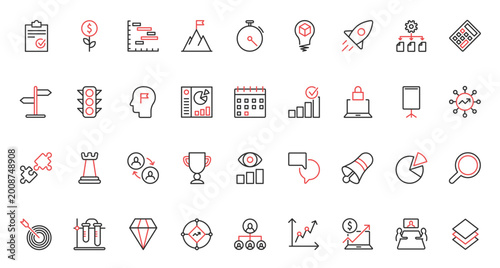 Vector illustration of trendy red black thin line icons set creative business strategy project management, idea plan startup launch, success vision, solution problem-solving, finance investment.