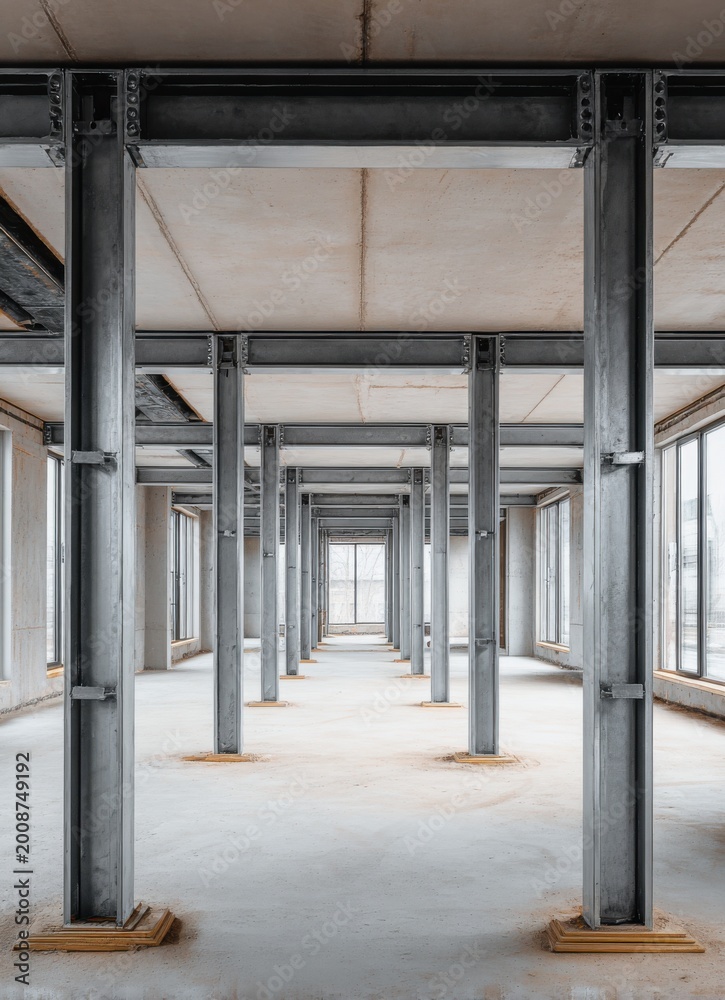Naklejka premium Modern Construction Site with Steel Columns and Concrete Structure, Interior Under Development