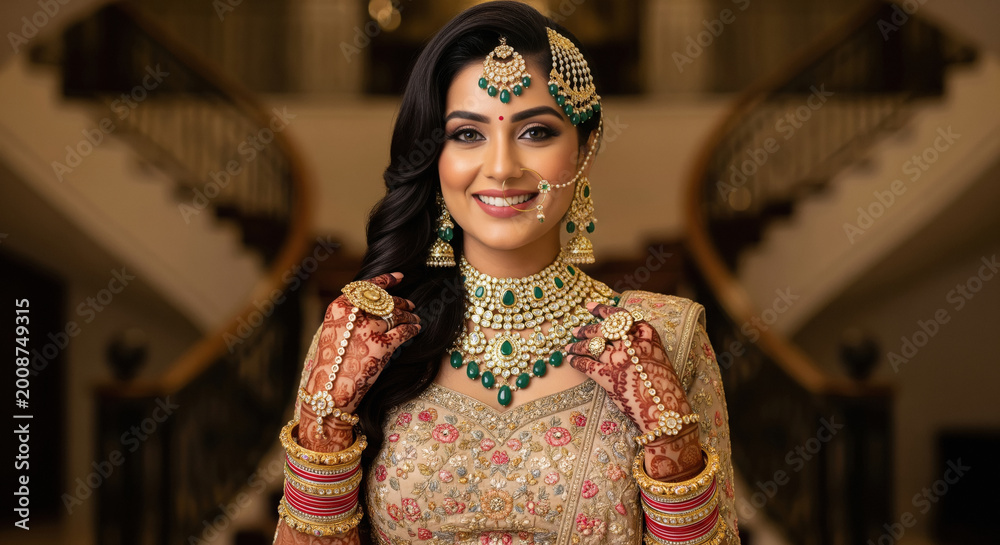Fototapeta premium young indian woman wearing traditional sari and jwelery